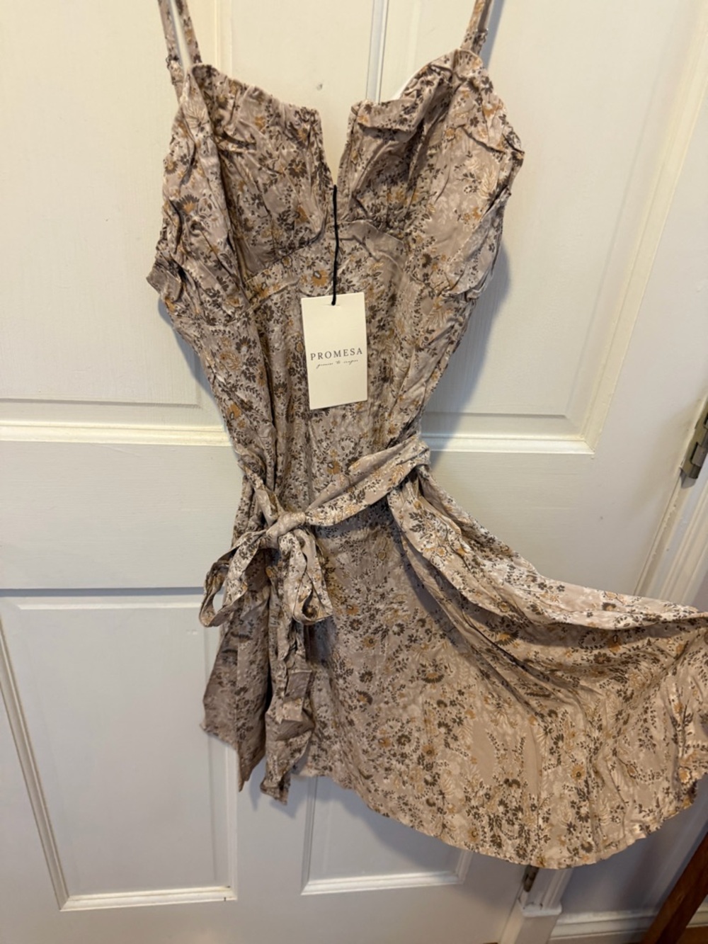 Promesa Beige Floral Tie-Waist Mini Dress